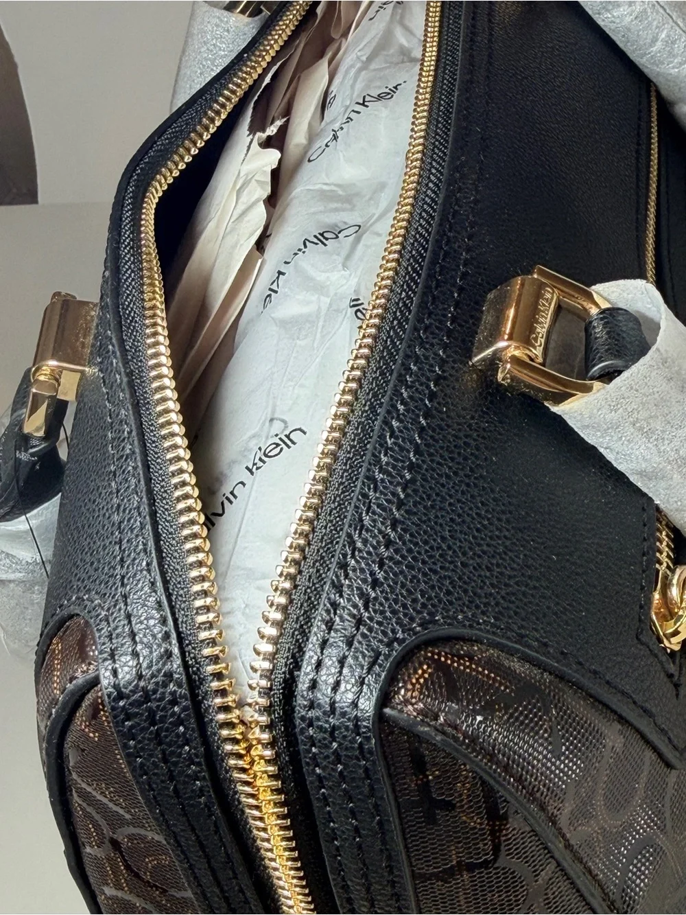 Calvin Klein Brown Monogram Satchel with Gold Hardware